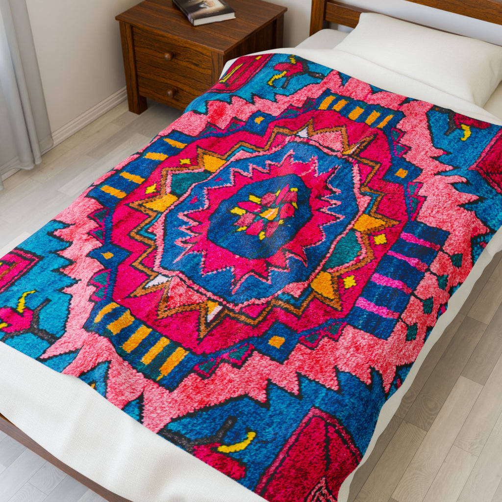 Boho Aztec Velveteen Plush Blanket — Vibrant Pink & Teal Southwestern Throw