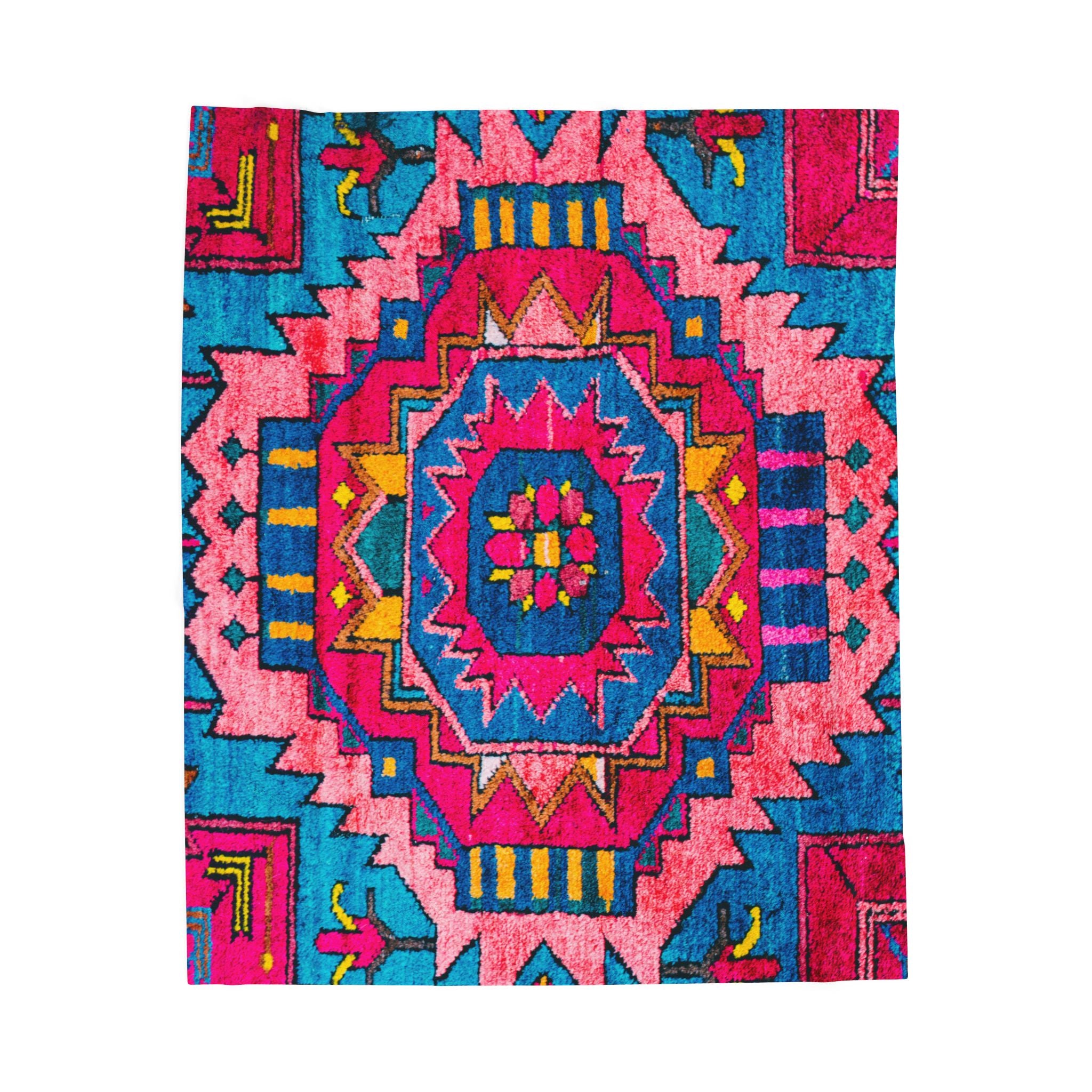 Boho Aztec Velveteen Plush Blanket — Vibrant Pink & Teal Southwestern Throw