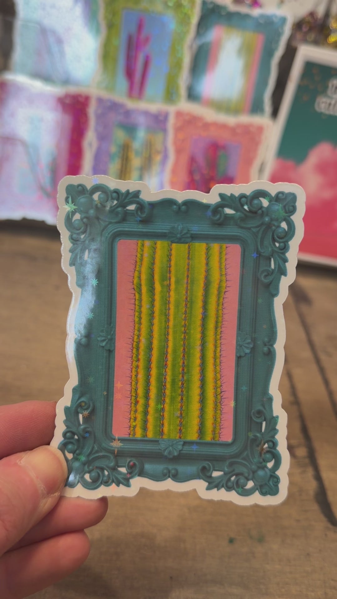 Teal Blue Frame w/Bright Green Cactus Sticker